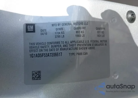 2010 Chevrolet Cobalt 1Lt из США, поврежденный, VIN 1G1AD5F53A7206617